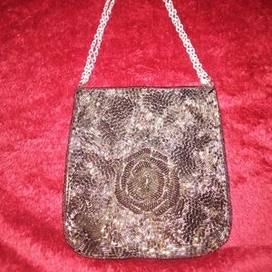 Vintage handmade, brown beaded purse, made in Kore